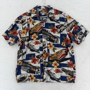 Kalaheo Camp Shirt Mens Medium Blue Hawaiian Aloha Airplane Hibiscus Made USA